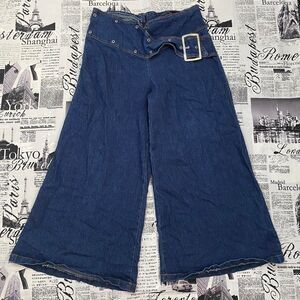 The Blues y2k vintage dark wash denim jean capris big belt jeans wide legs